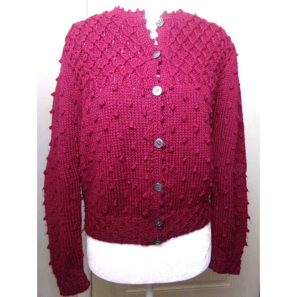 Vintage Lands' End 100% Wool Cardigan Sweater Raspberry Red Medium